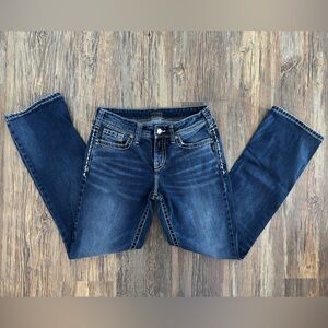 Silver Jeans Co Suki Mid Slim Boot Blue Denim Womens 29x33 Stretch Embroidered